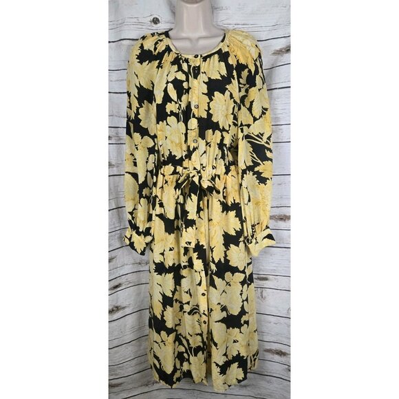 Stine Goya Yellow Black Floral Shirt Dress XS 100% Silk Drawstring Waist - Picture 1 of 10
